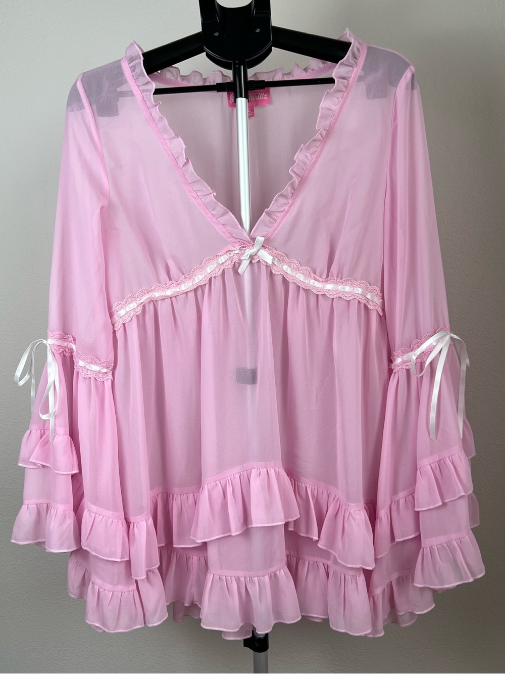 Sugar Thrillz Pink Babydoll Dress Sheer Fairycore Romantic Y2K Bell Sleeves L